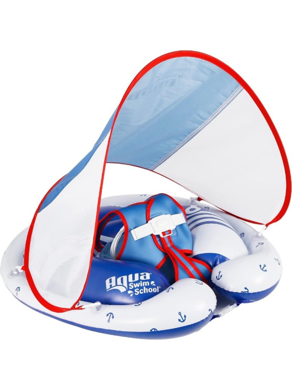 Adjustable Baby Pool Float with Safety Seat, Dual Air Chambers, Nautical Design
